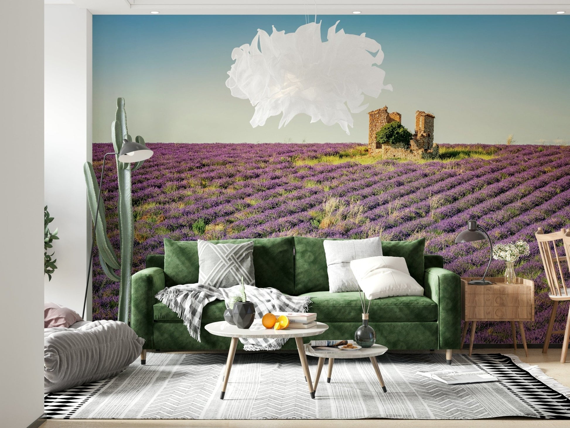 Lavender Field Sunset wall mural. Rows of purple blossoms wall decor.