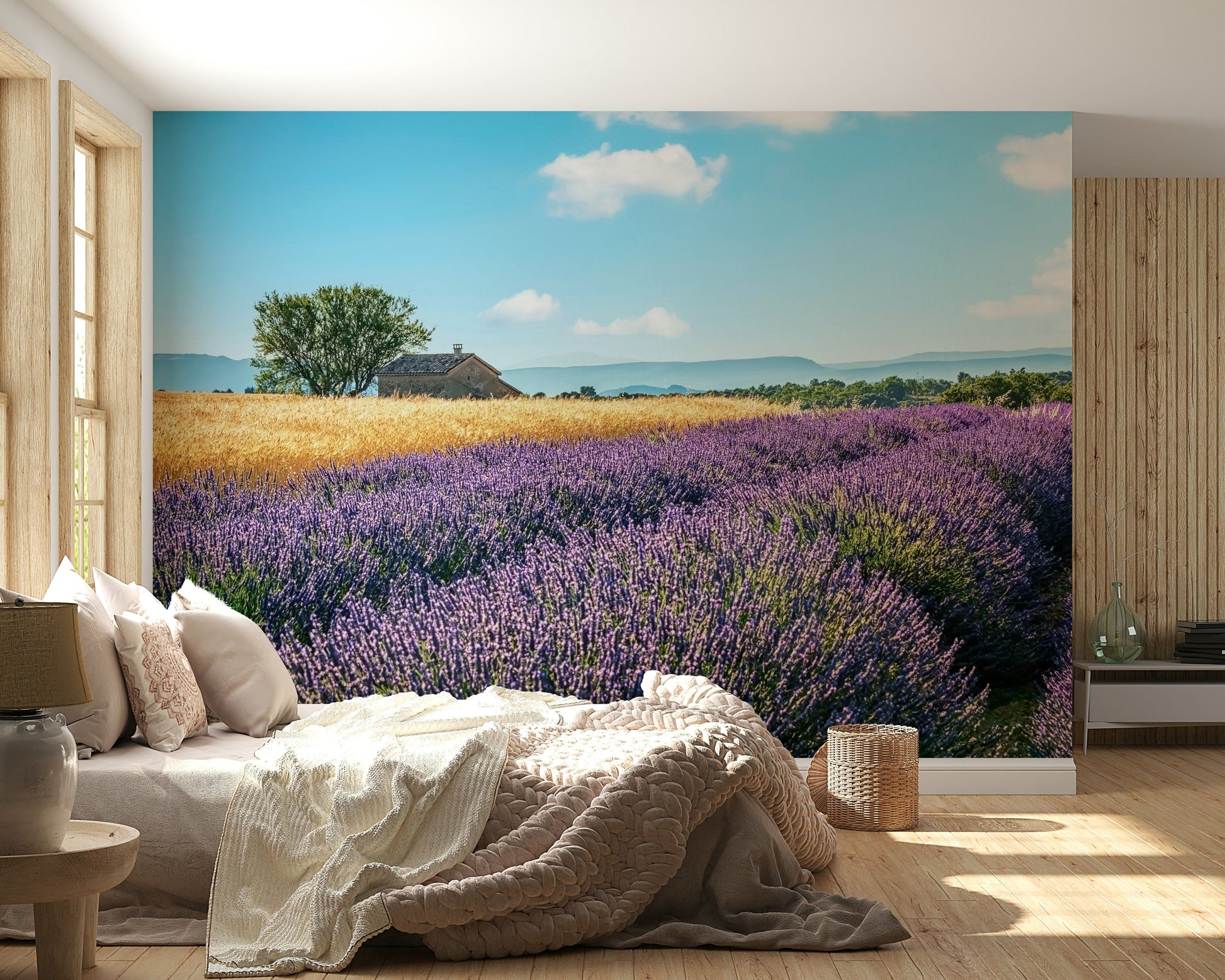 Lavender farm wall mural design using balanced purple wallpaper palette
