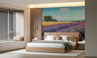 Peaceful lavender field landscape mural with muted purple wallpaper color
