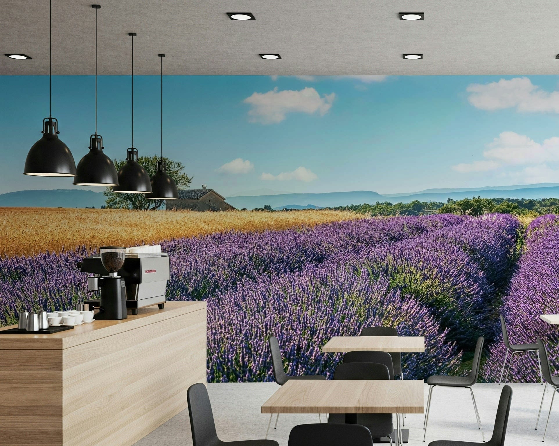 Floral countryside wall mural featuring lavender and purple wallpaper hues