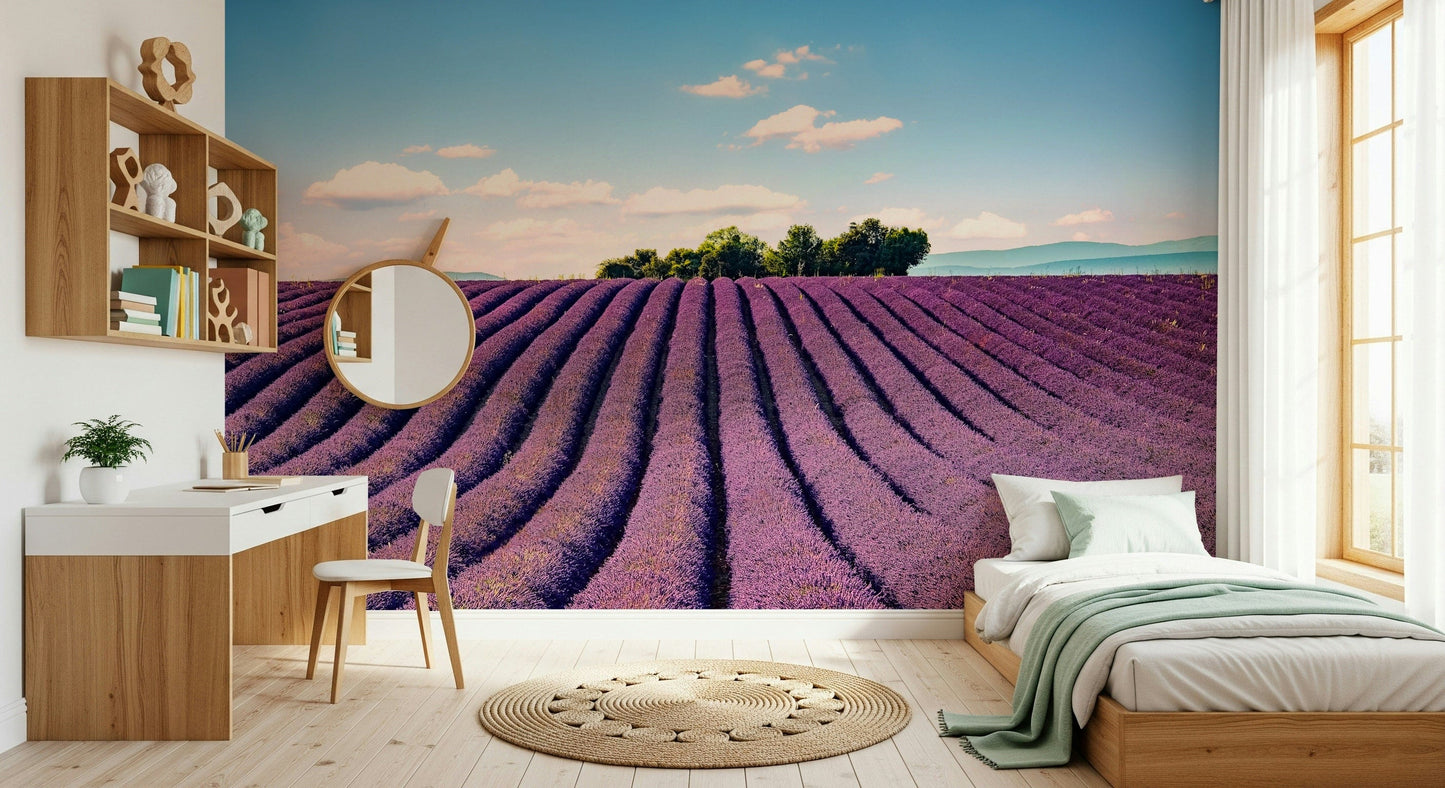 Scenic lavender wall mural for nursery, gentle colors, nature-inspired wall decor