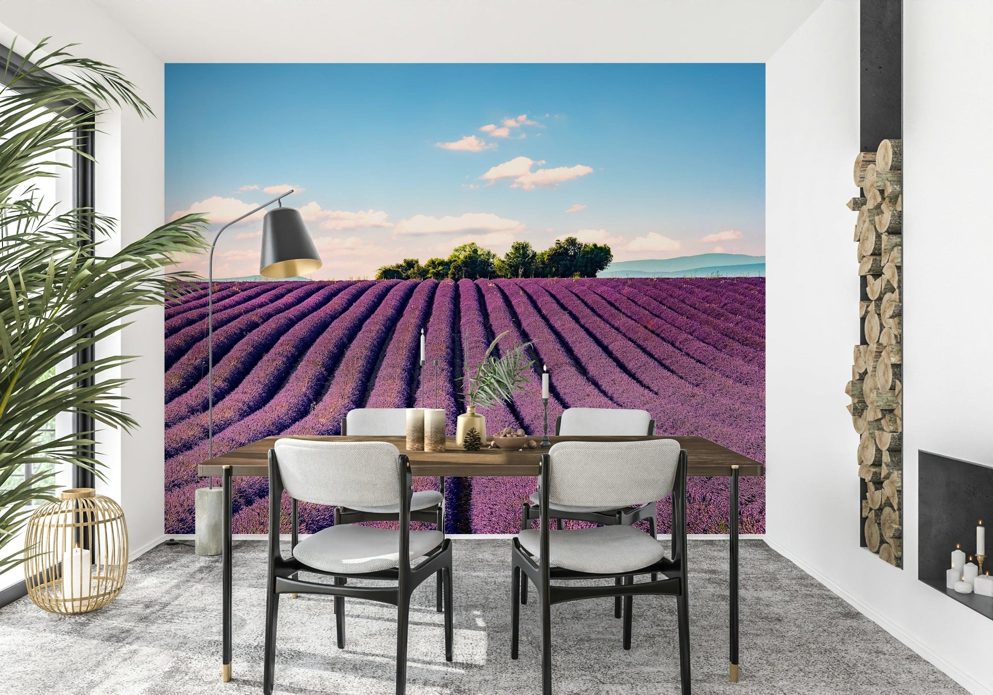 Lavender meadow wall mural in reading nook, soft purple colors, minimalist decor