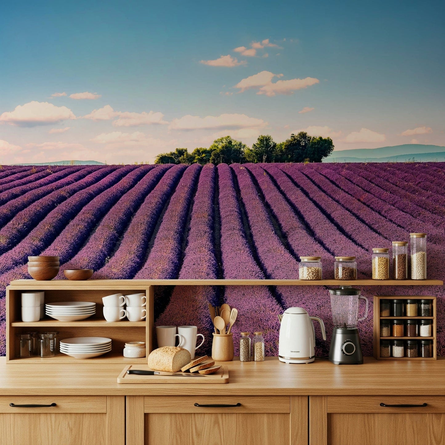 Lavender field mural behind bed, modern bedroom wall decor, purple color palette