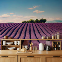 Lavender field mural behind bed, modern bedroom wall decor, purple color palette