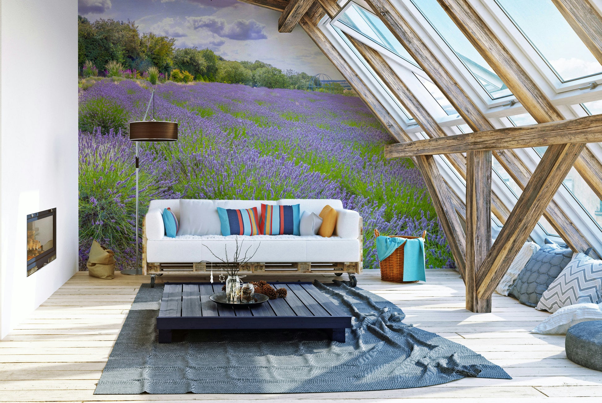 The mural shows a peaceful field of lavender.

