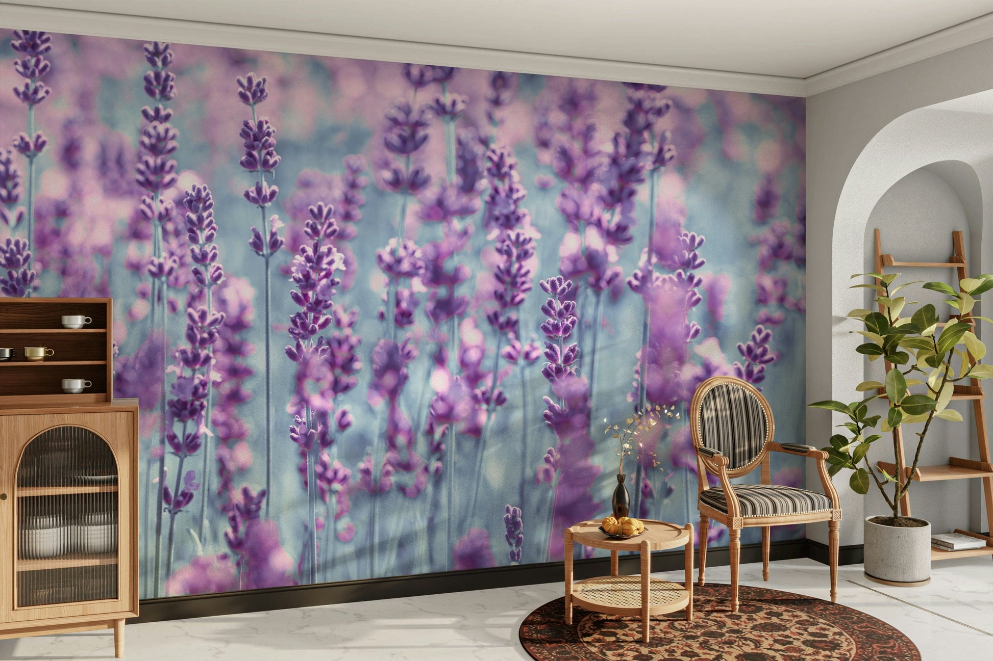 A contemplative soft lavender wallpaper mural for a feature wall.

