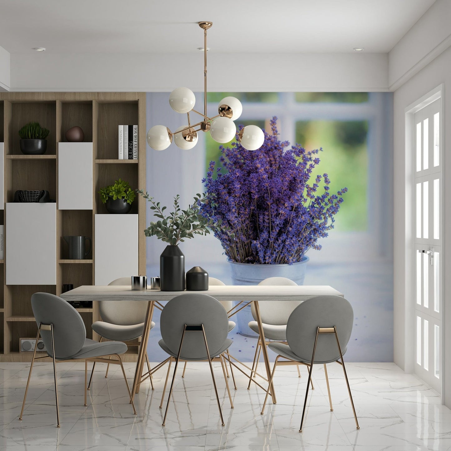 Dried lavender sprigs standing inside a shiny silver bucket accent image.