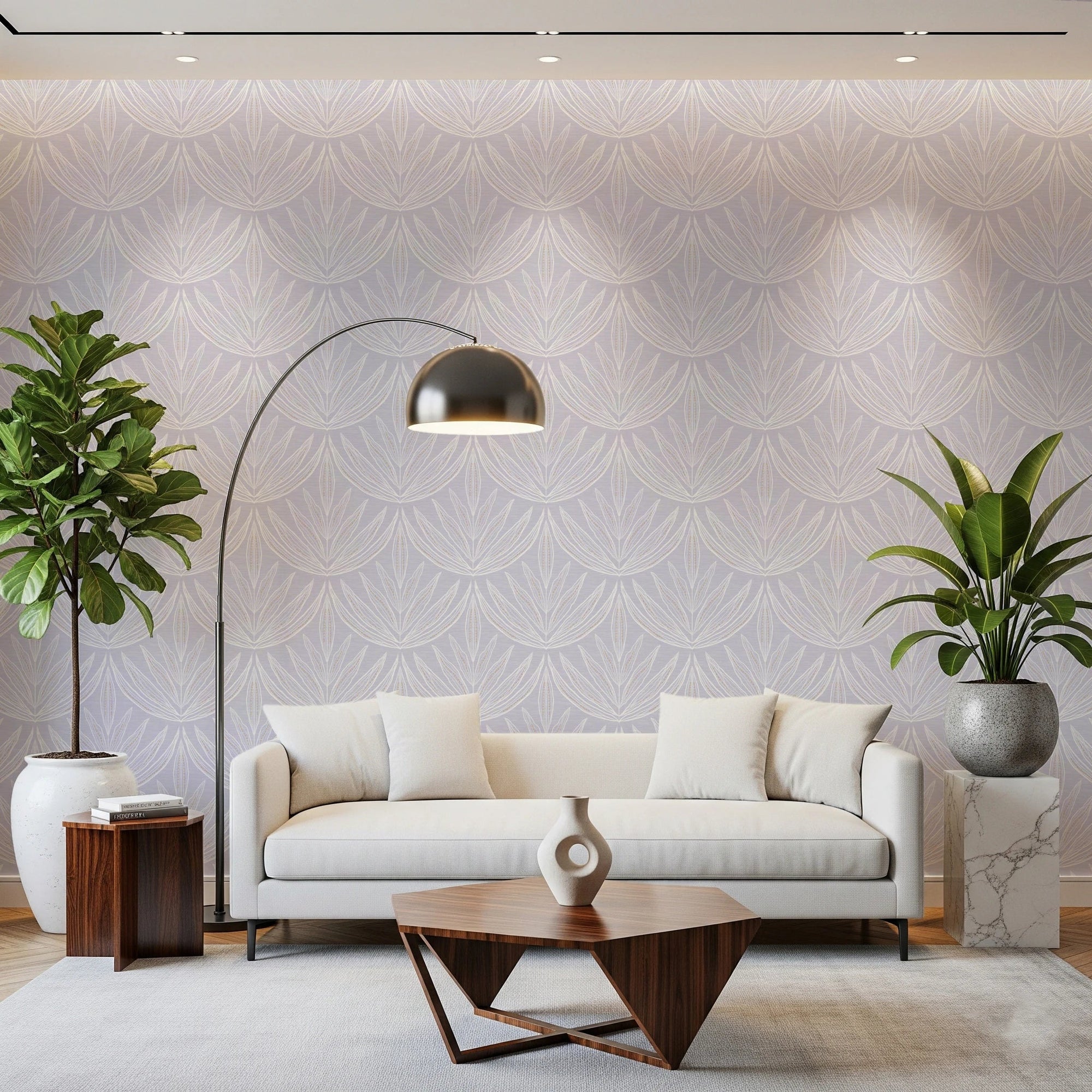Lavender Lines wallpaper with art-deco lily fan motif behind a cream sofa and arc lamp in a living room
