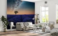Purple field wall mural enhances living room