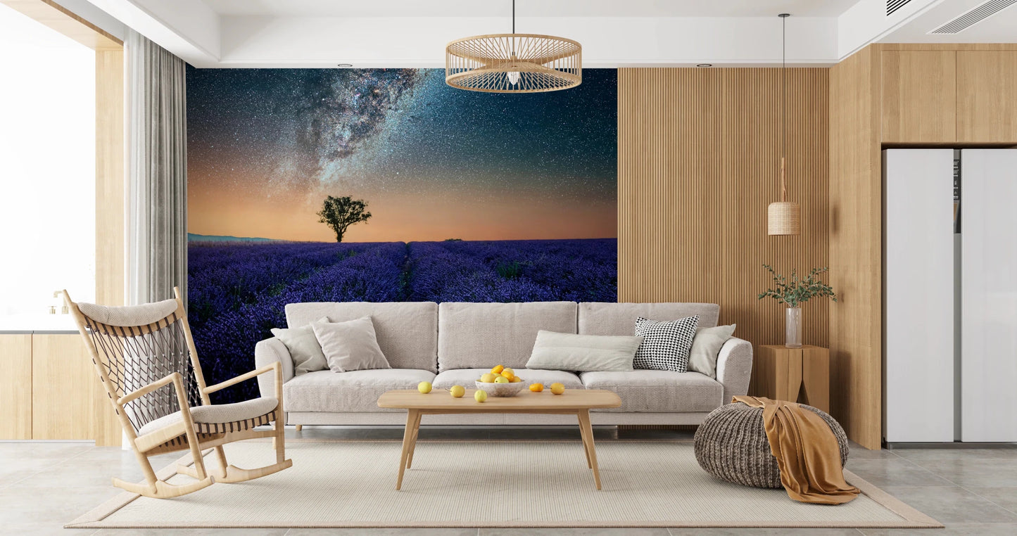 Night landscape wall mural suits cozy sofa