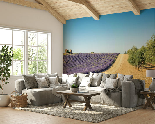 Lavender and olive botanical wallpaper for soft interiors

