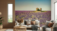 Old ruin on hill, Lavender Field Sunset wall covering, lush violet field.