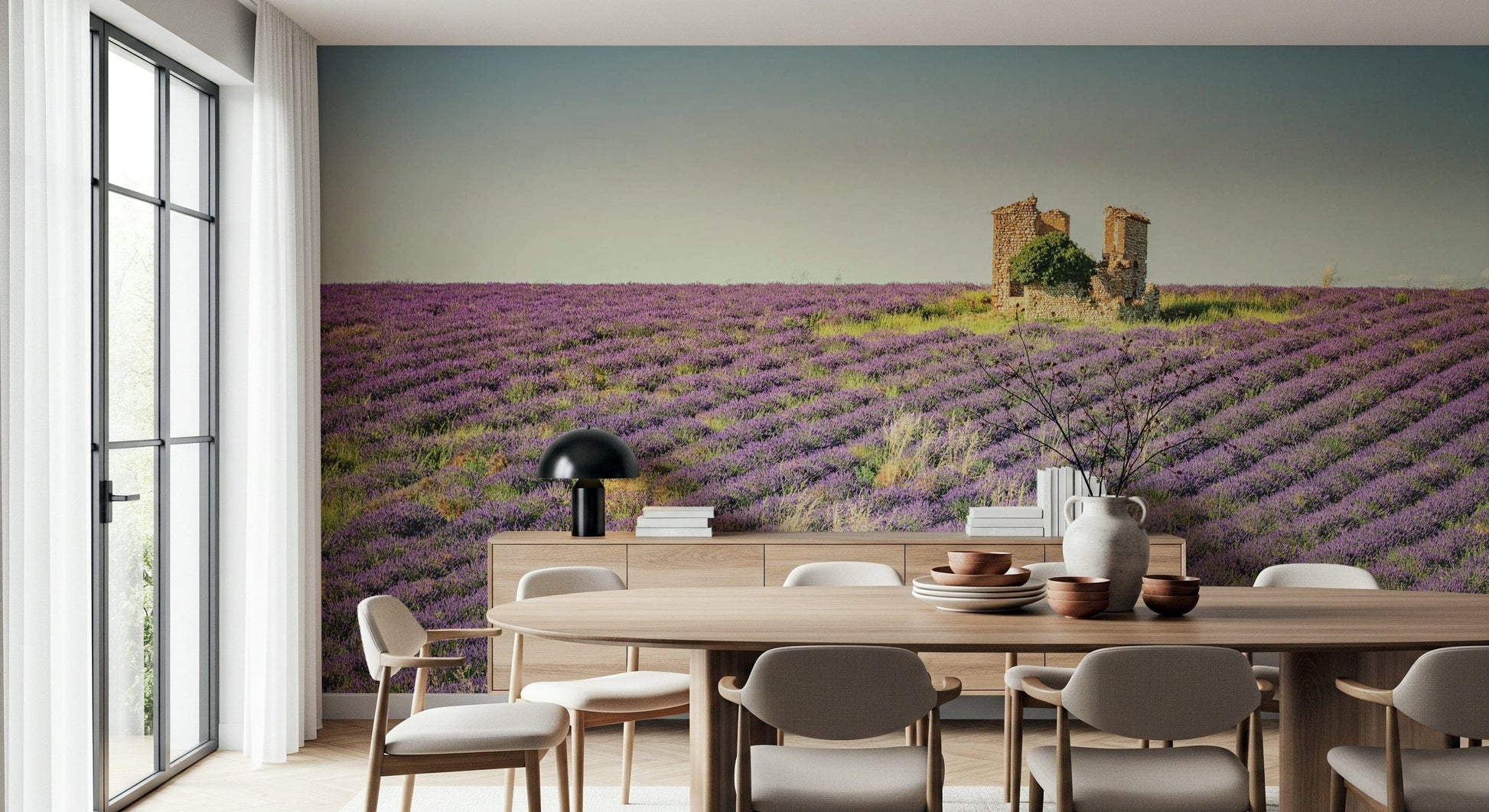 Peel and stick wallpaper, Lavender Field Sunset. Provence scene wall art.