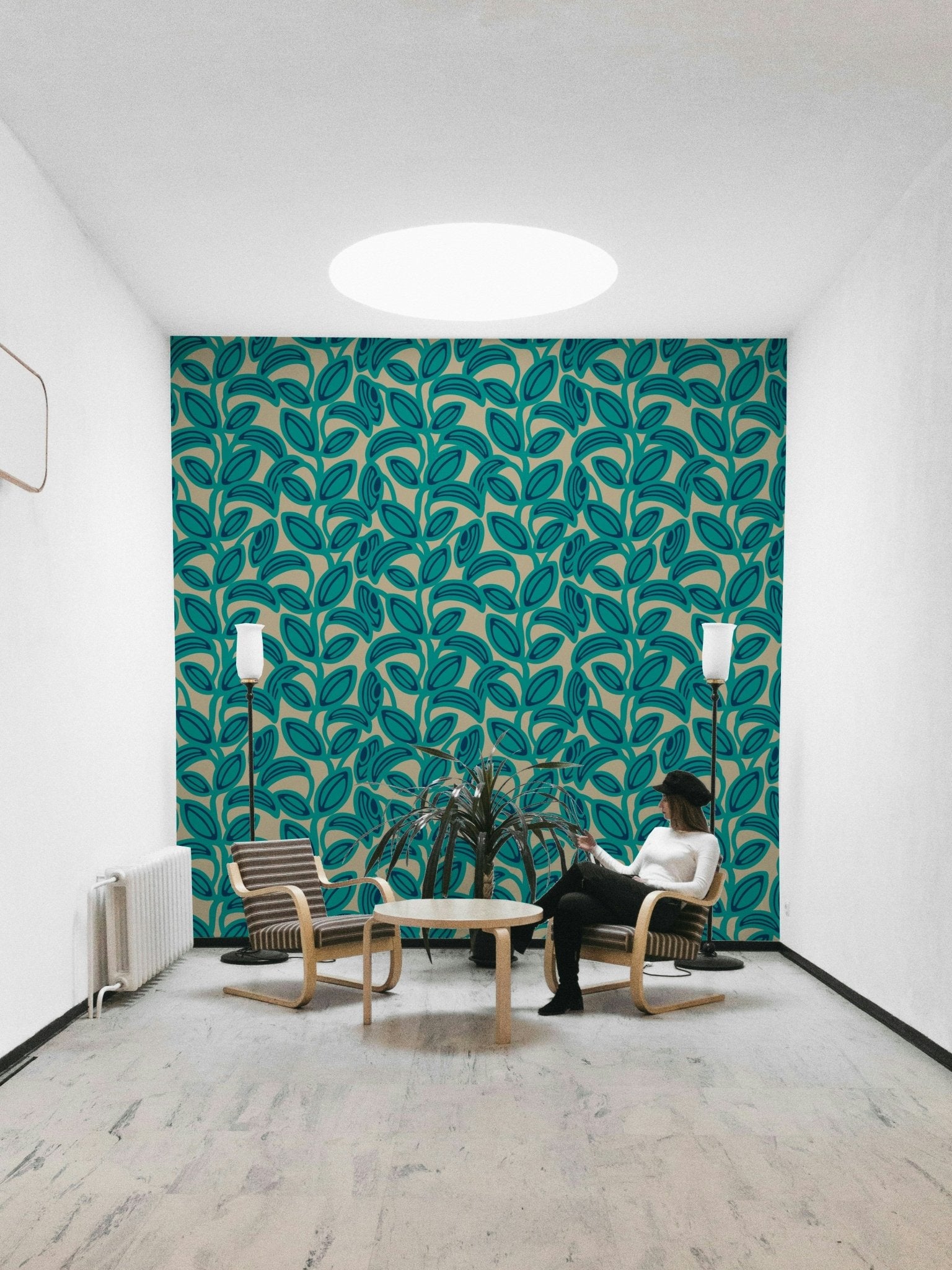 Predominantly turquoise color palette.

