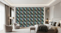 Tropical plant motif in light tones against a black background.