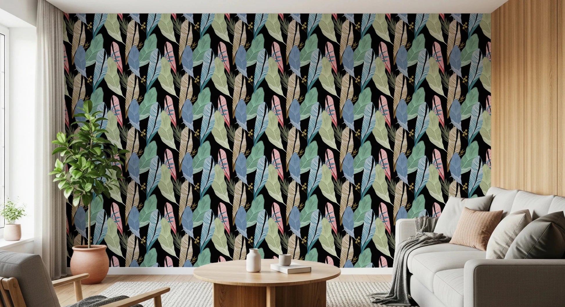 Pastel jungle flora aesthetic for interior architectural elements.