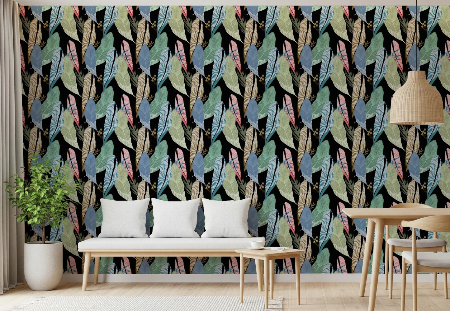 Abstract modern foliage backdrop for interior wall decor.