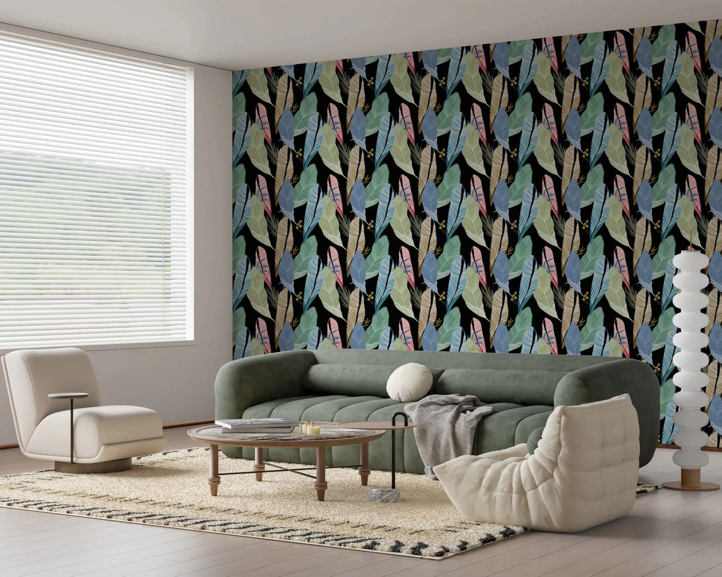 Pastel botanical leaf print wall covering in blue, pink, and green.