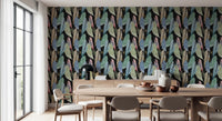Leafy Abstraction Tropical Pastel Leaves Wallpaper featuring striped flora for dining room.