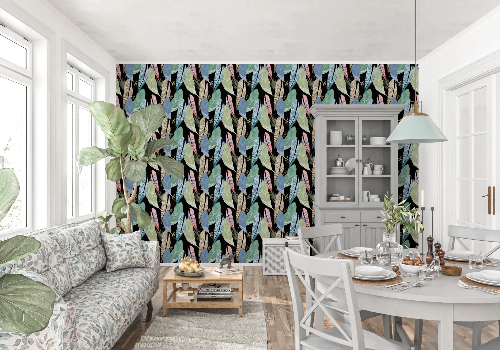 Abstract nature inspired interior graphic with multi color leaves.