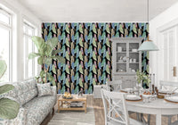 Abstract nature inspired interior graphic with multi color leaves.