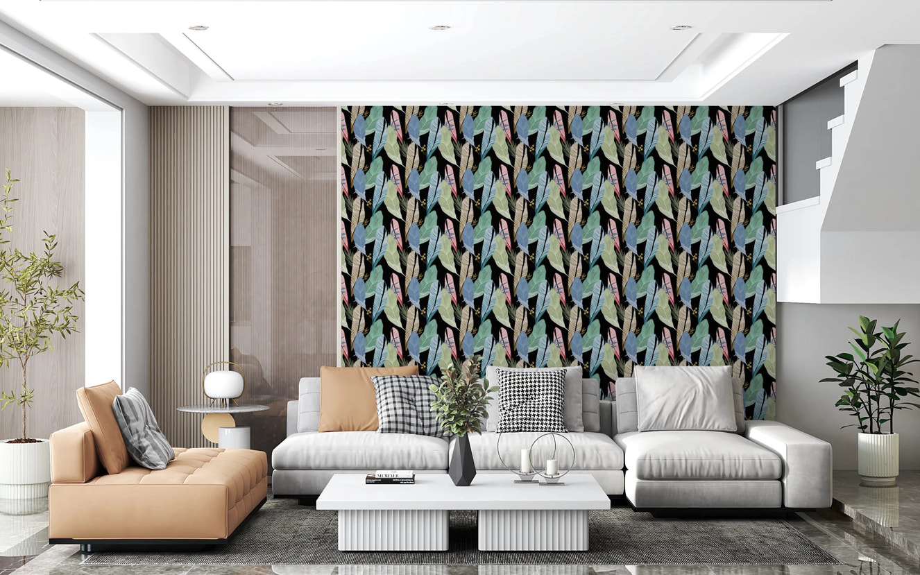 Leafy Abstraction Tropical Pastel Leaves living room Wallpaper with dark background.