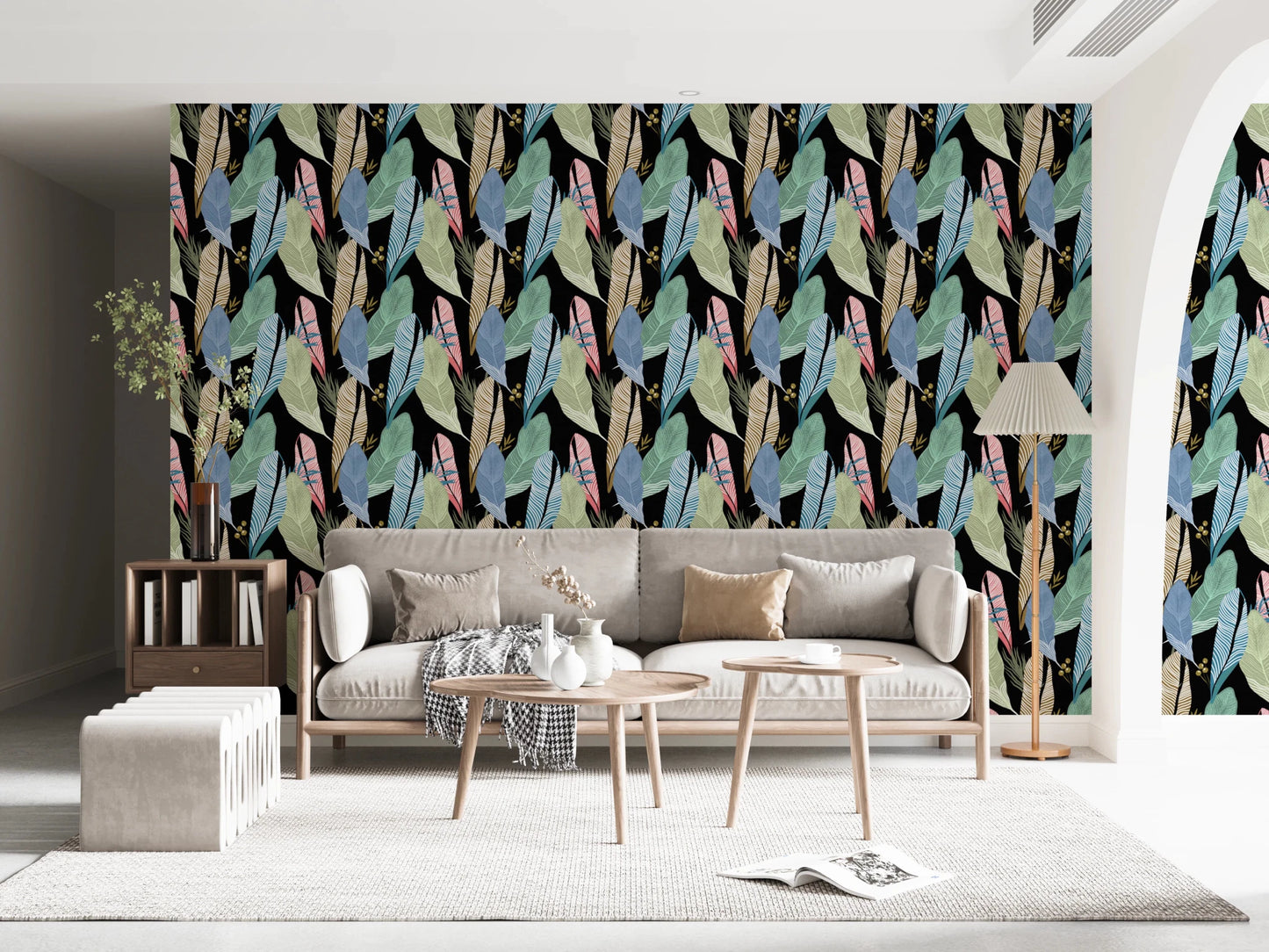 Dark background tropical palm fronds surface application for hallway.