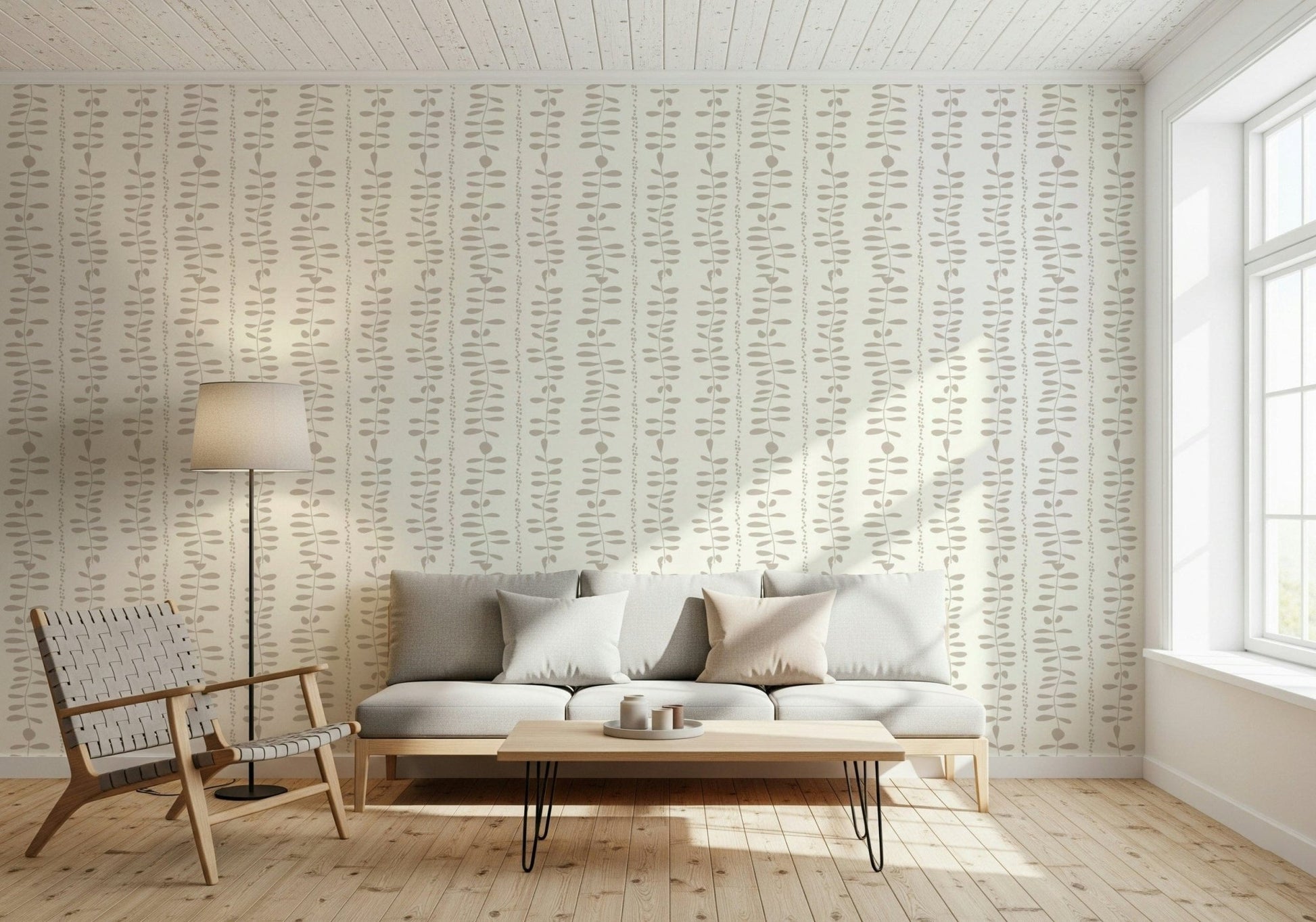Soft beige trailing leaves wallpaper for walls interior.