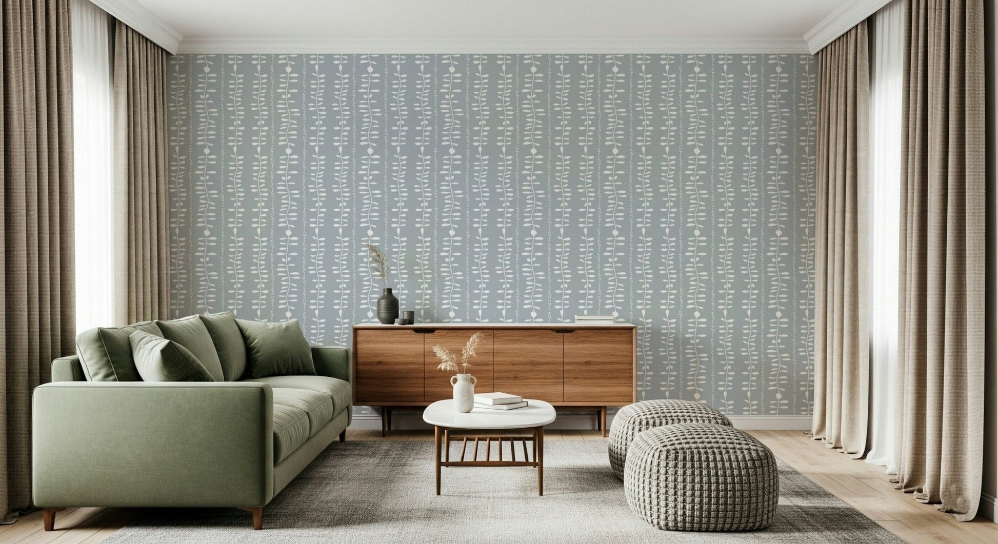 Minimalist Leaves Cascade mural wallpaper depicting stylized foliage.
