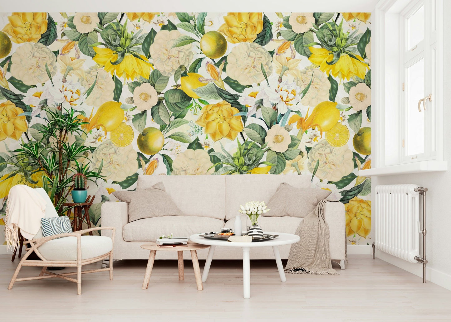 Citrus Garden Wall Mural – Cheerful depiction of lemon trees with ripe fruits and soft white flowers in a sunlit garden.