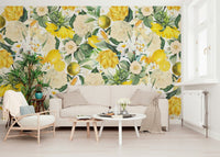 Citrus Garden Wall Mural – Cheerful depiction of lemon trees with ripe fruits and soft white flowers in a sunlit garden.