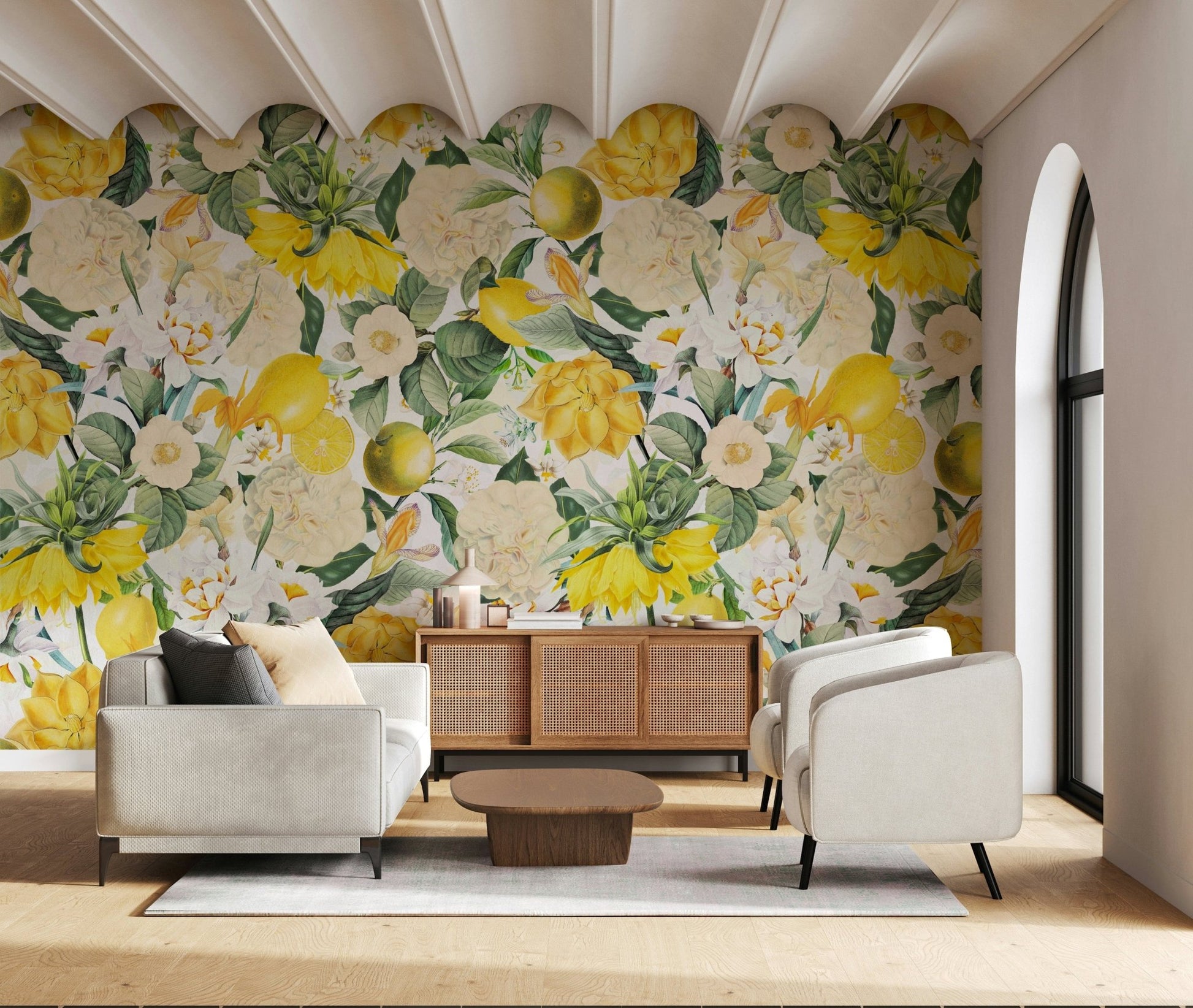 Lemon and Leaf Garden Mural – Decorative wall art featuring fresh lemons with delicate green leaves and blossoms.