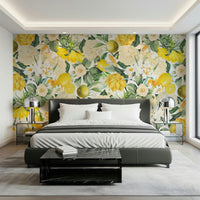 Sunny Lemon Grove Wallpaper Mural – Bright, fresh garden scene with yellow lemons, blossoms, and leafy branches creating a lively ambiance.