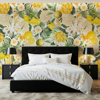 Citrus Blossoms Wall Mural – Soft, detailed depiction of lemon flowers and fruits on a sunny garden backdrop.