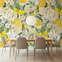Lemon Bloom Botanical Wall Mural – Elegant mural highlighting citrus fruits and floral accents in a natural garden setting.