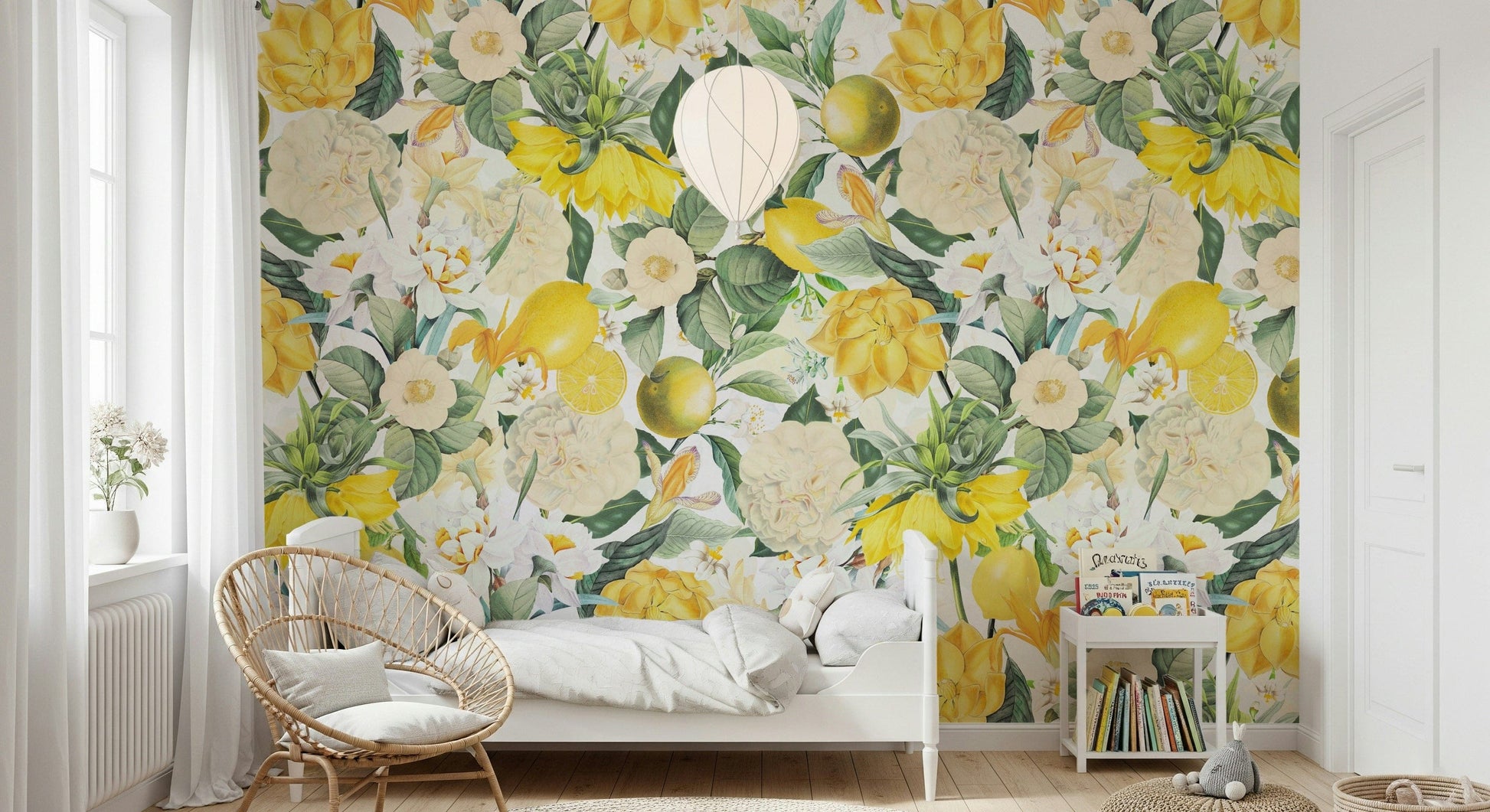Lemon Grove Wall Mural – Lively garden scene with yellow lemons, fragrant blossoms, and verdant foliage.