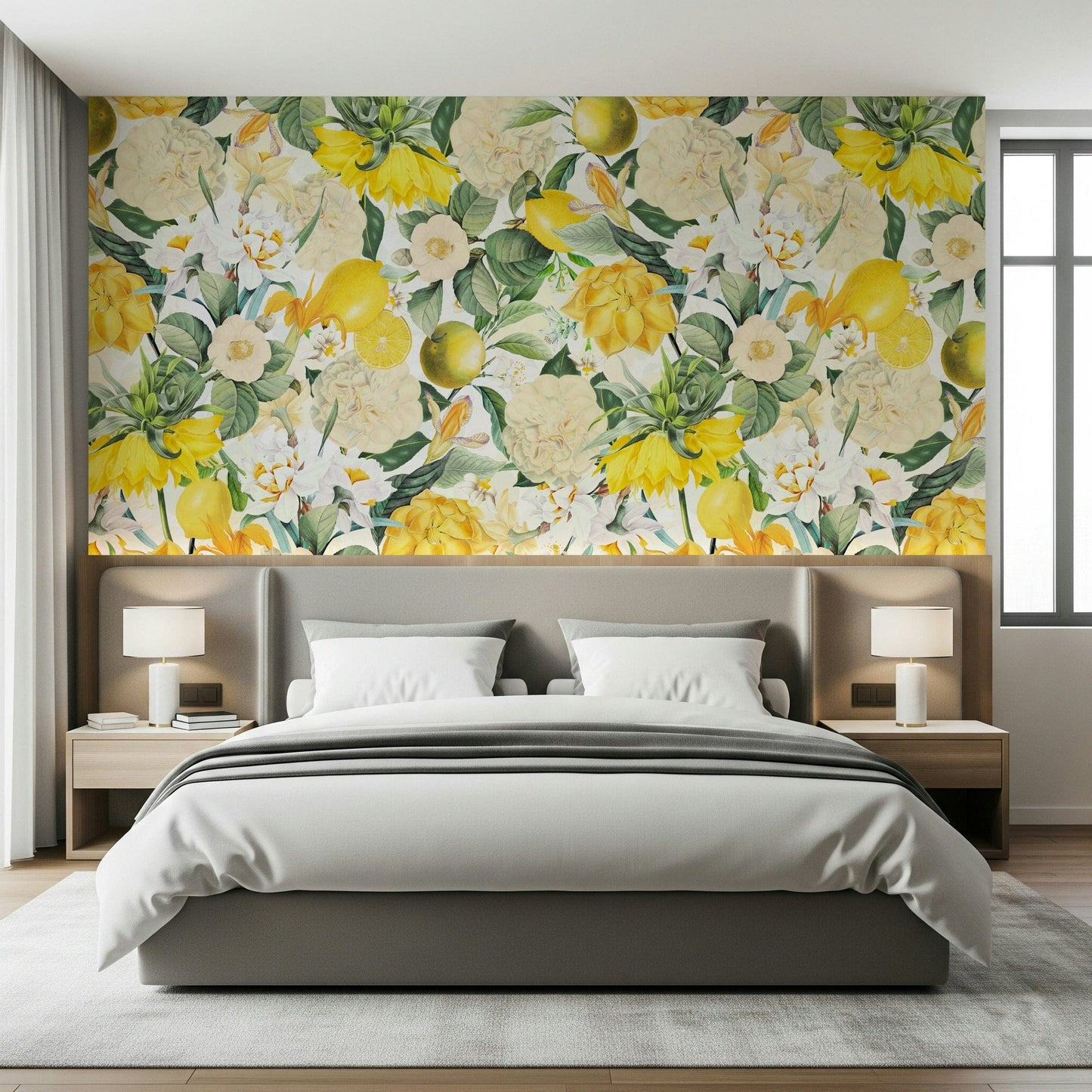 Lemon Blossom Wallpaper Mural – Fresh, botanical design showcasing blooming lemons with leafy branches.
