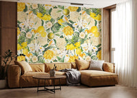 Lemon Bloom Garden Wall Mural – Vibrant mural featuring bright yellow lemons among lush green leaves and delicate blossoms.