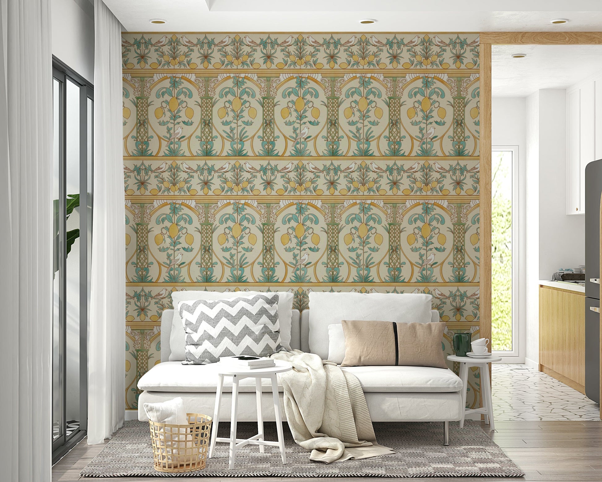 A peaceful coastal scene mural on decorative wallpaper.


