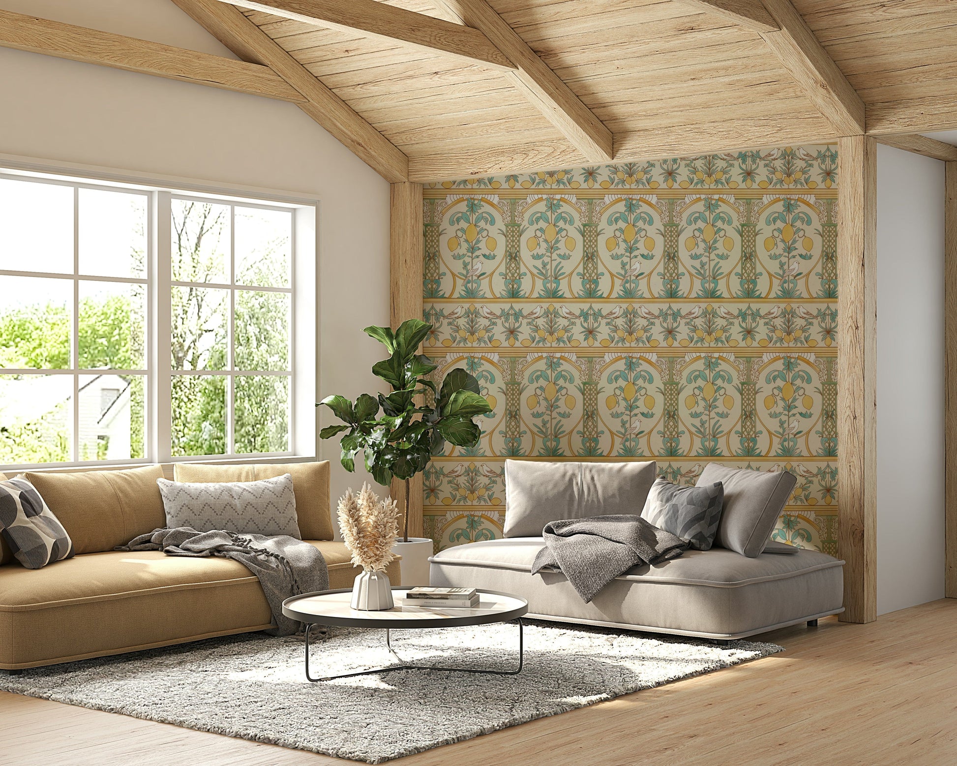 A graceful subtle garden wall mural in bright, sunny tones.

