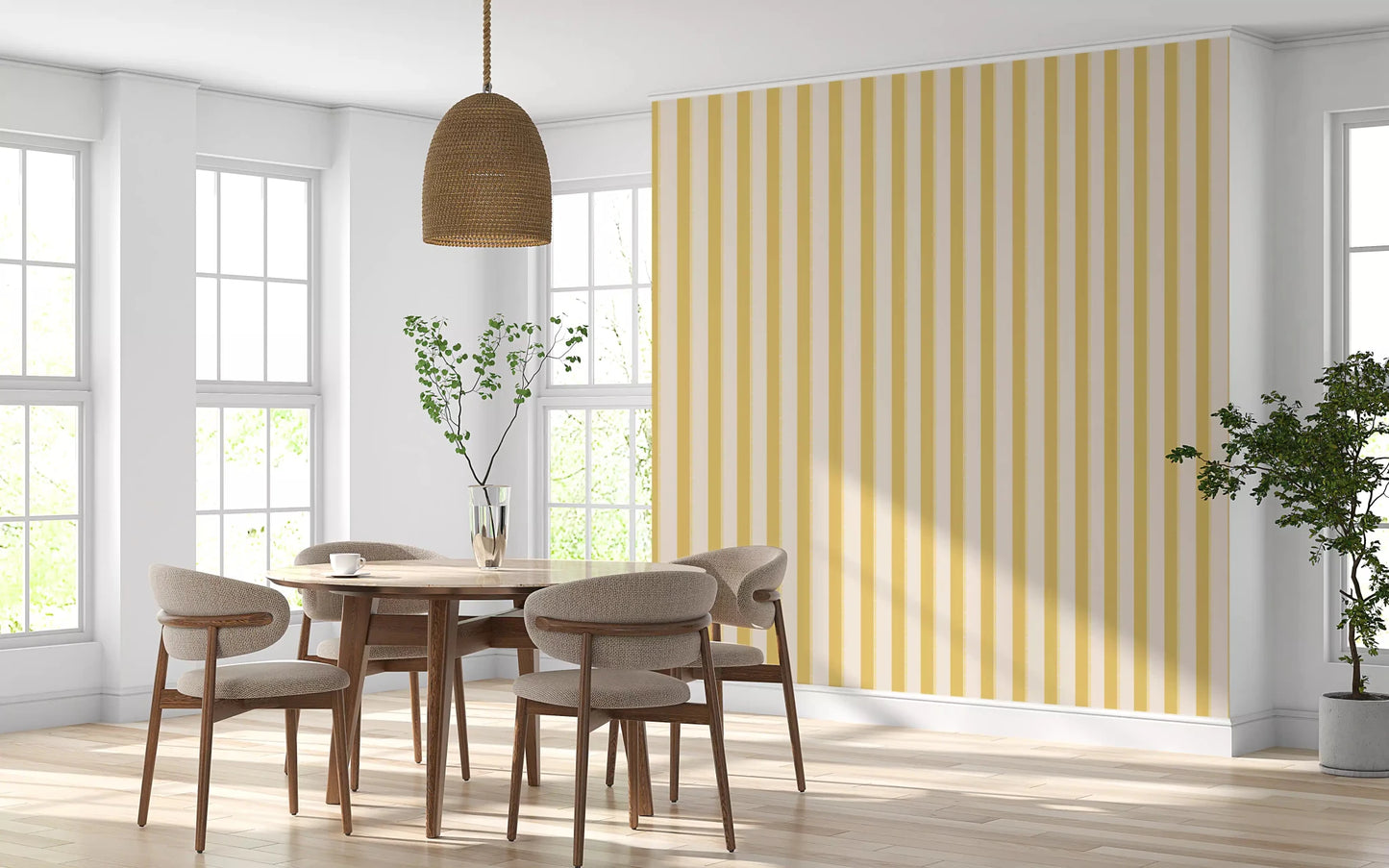 Lemon Gilded Stripes Wallpaper for a bright dining room.