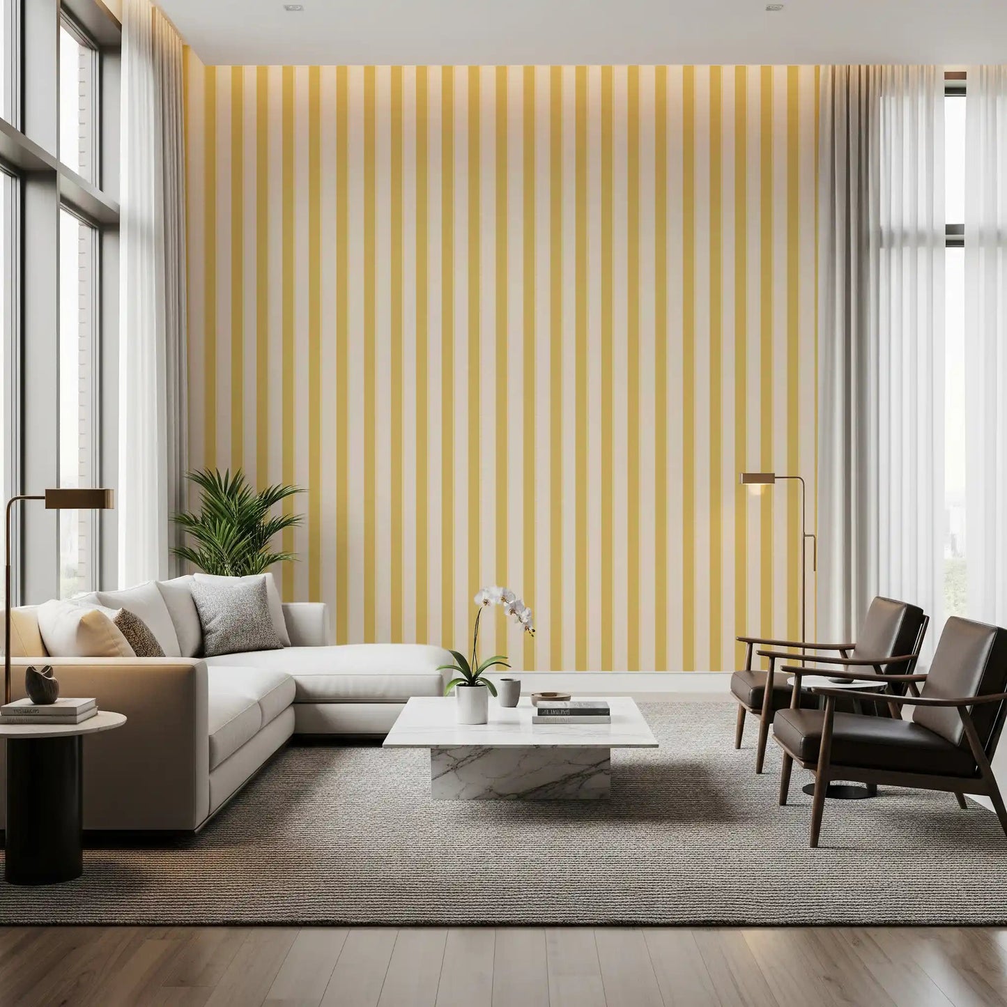 Chic cream and yellow Lemon Gilded Stripes Wallpaper design.