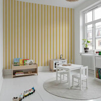 Modern interior featuring yellow Lemon Gilded Stripes Wallpaper.