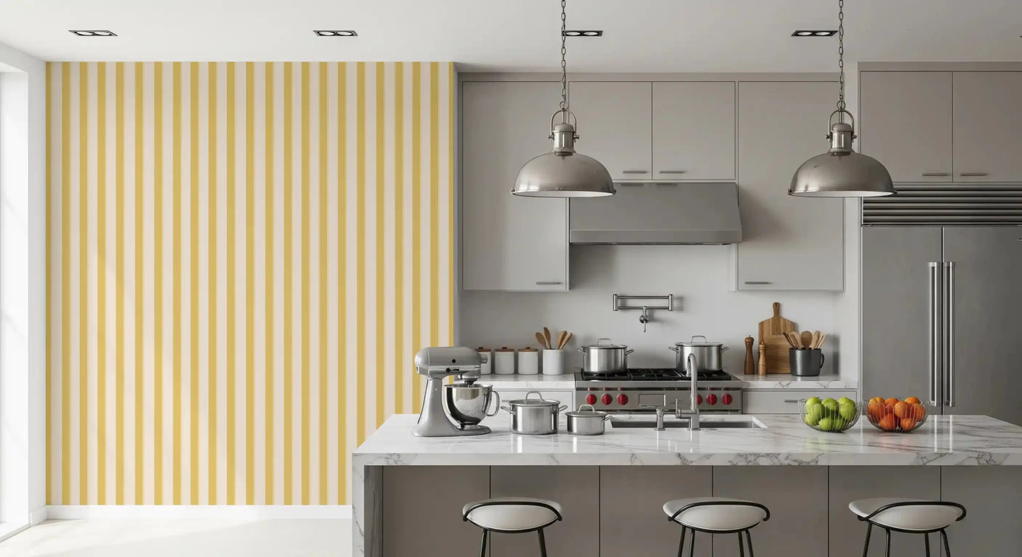 Close up of Lemon Gilded Stripes Wallpaper showing matte finish.