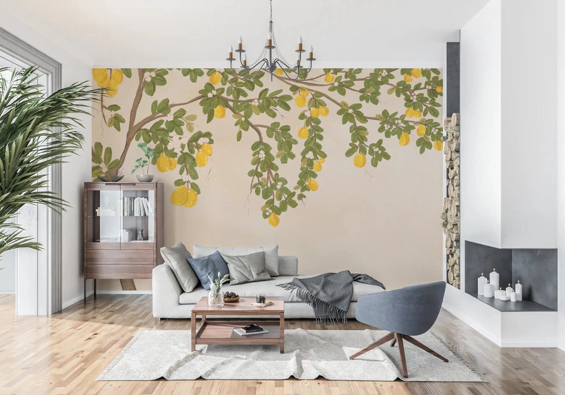 Detailed citrus Lemon and botanical leaves on a textured wall mural.