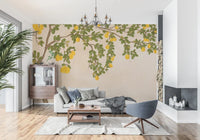 Detailed citrus Lemon and botanical leaves on a textured wall mural.
