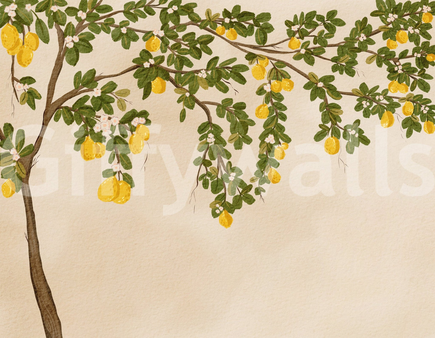 Organic lemon tree design with green leaves and yellow fruit wallpaper.