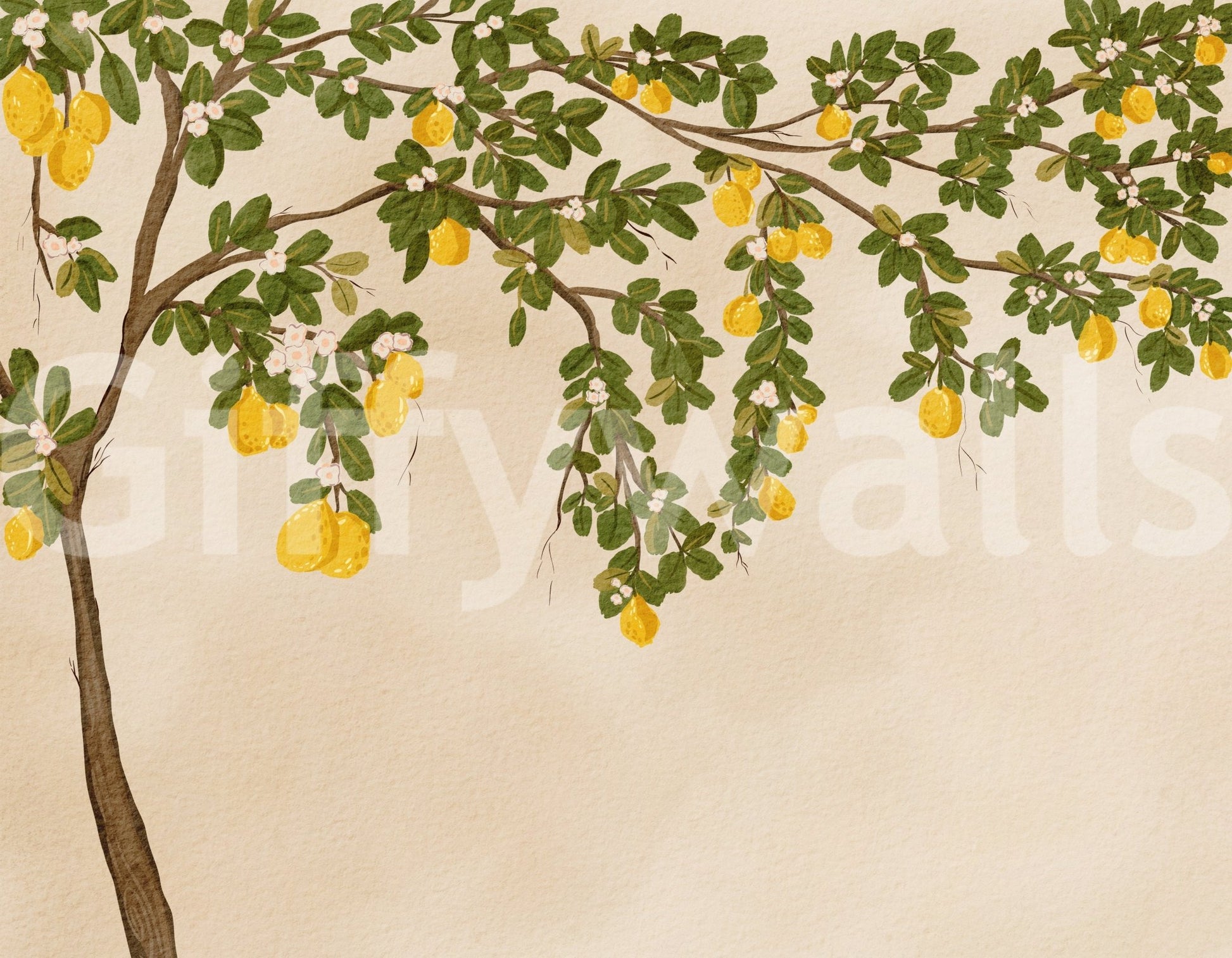 Organic lemon tree design with green leaves and yellow fruit wallpaper.