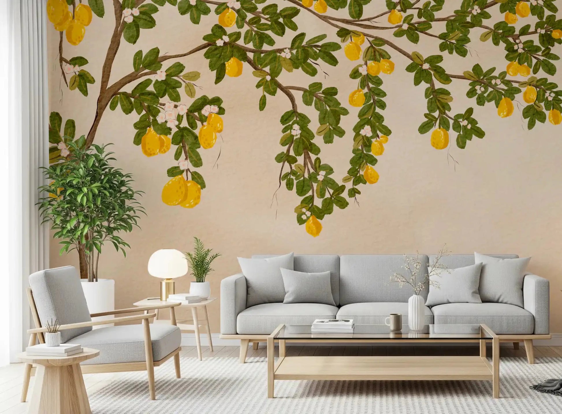 Botanical wall mural featuring yellow lemons and white blossoms for living room