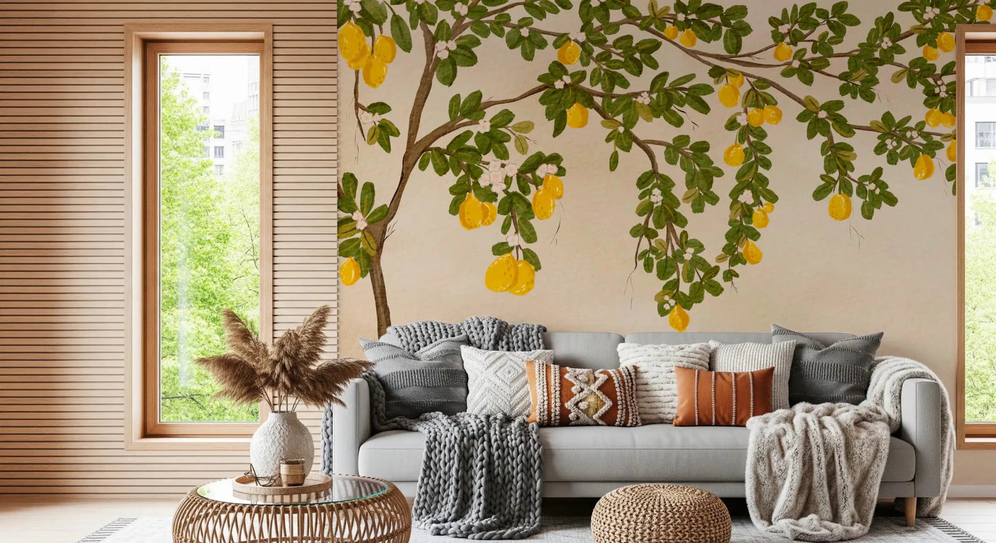 Yellow lemon fruit and green foliage pattern on a wall mural.
